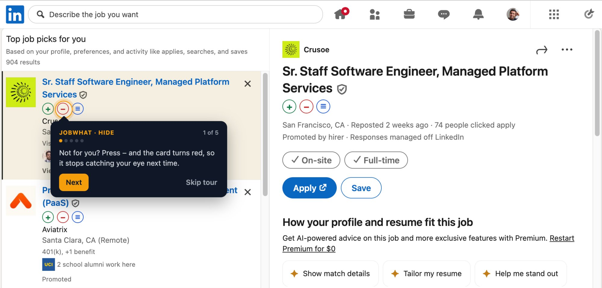 The LinkedIn tour, mid-walkthrough
