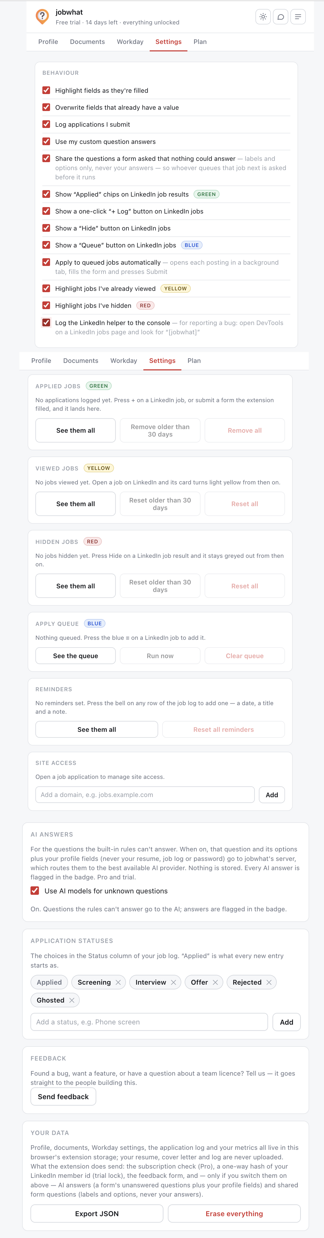 The Settings tab