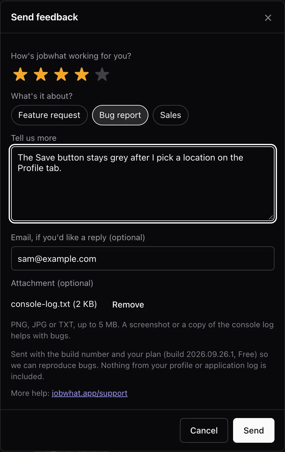 The Send feedback form with a console log attached