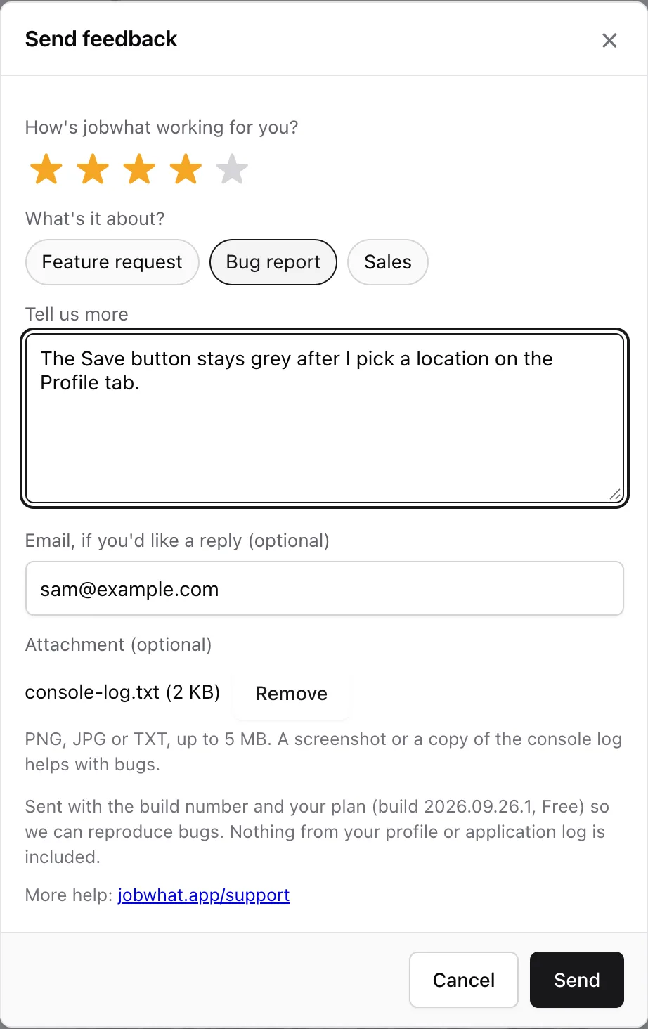 The Send feedback form with a console log attached