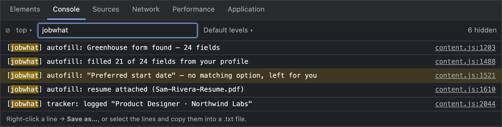 Chrome DevTools Console filtered by jobwhat