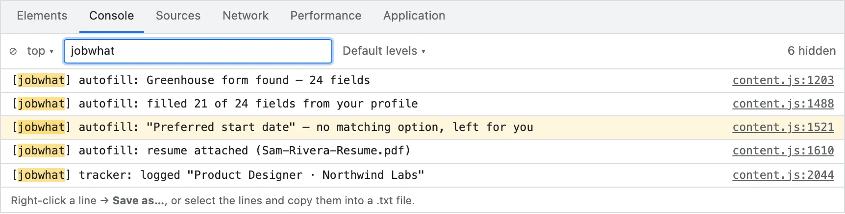 Chrome DevTools Console filtered by jobwhat